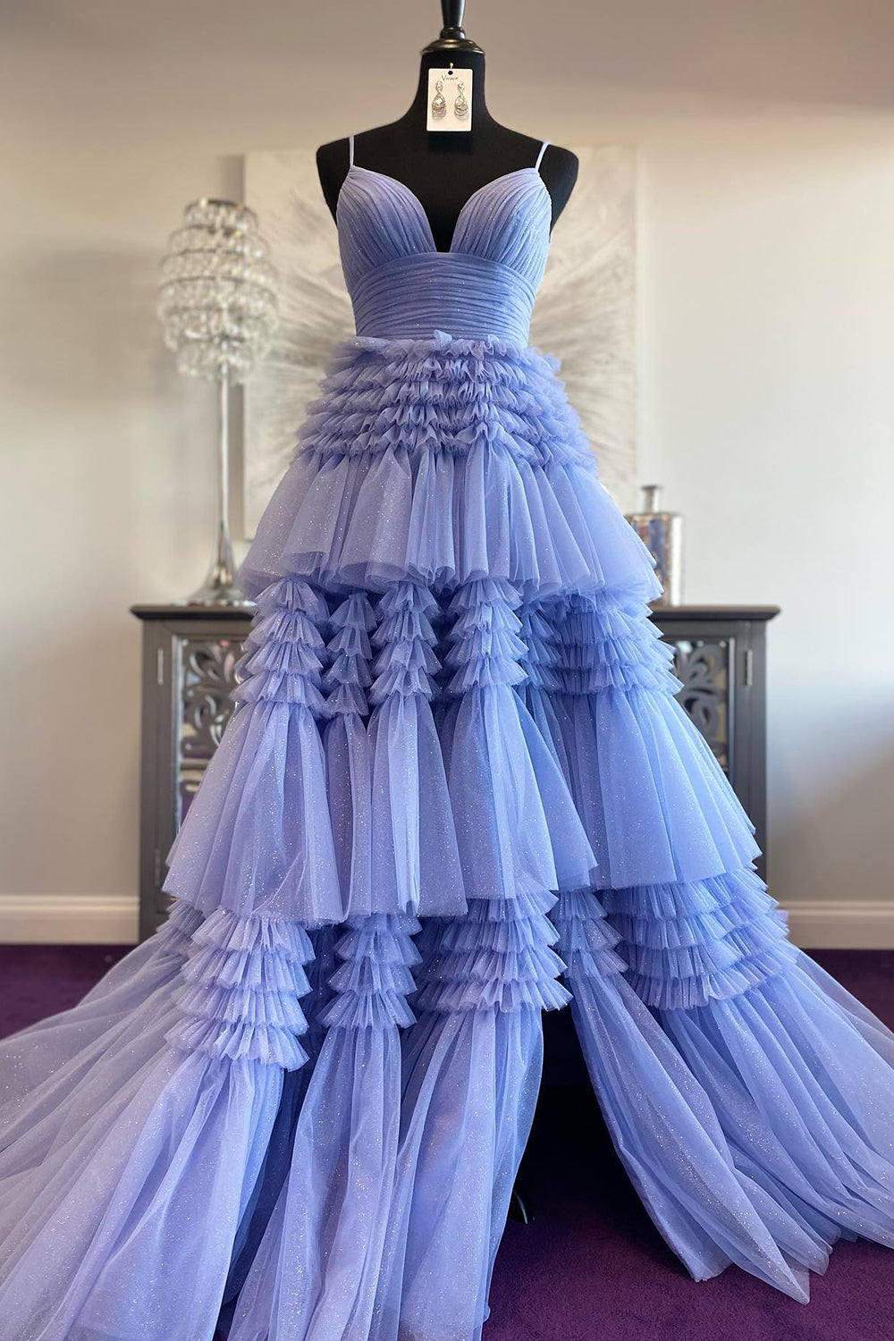 A Line Spaghetti Straps Pink Long Prom Dress with Split