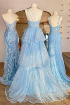 Princess A Line One Shoulder Blue Corset Prom Dress with Ruffles