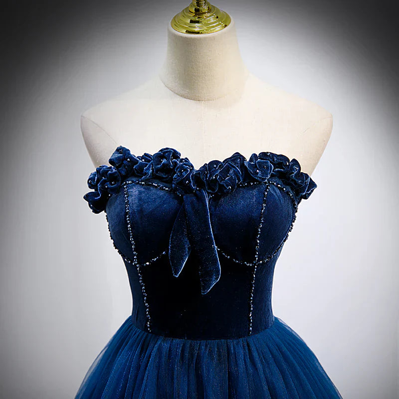 A-Line Princess Sweetheart Tulle and Velvet Long Party Dress Evening Dress Prom Dress