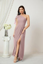 Numbersea  Chiffon Ruffled One Shoulder Long Bridesmaid Dresses A-line Formal Evening Gown Side Split 2809