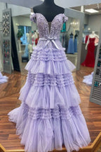 A Line Off the Shoulder Light Pink Long Prom Dress with Ruffles