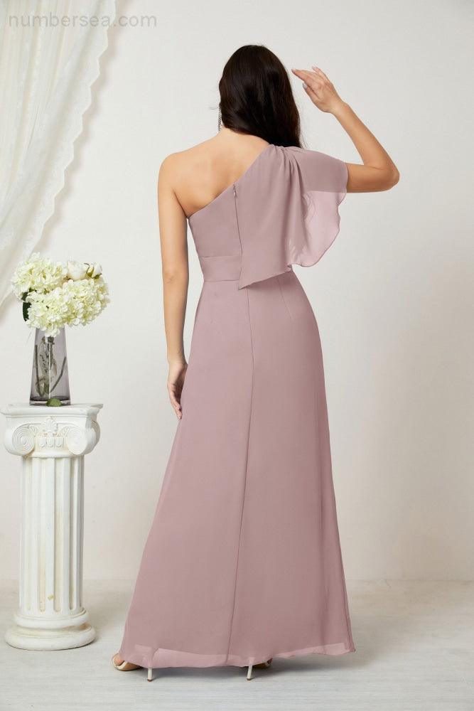 Numbersea  Chiffon Ruffled One Shoulder Long Bridesmaid Dresses A-line Formal Evening Gown Side Split 2809