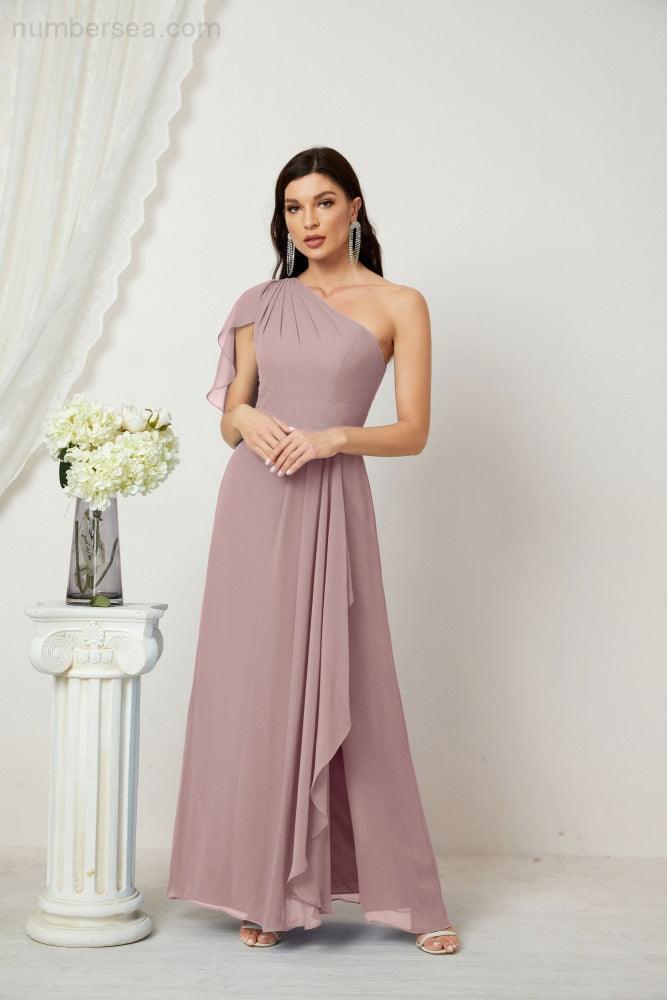 Numbersea  Chiffon Ruffled One Shoulder Long Bridesmaid Dresses A-line Formal Evening Gown Side Split 2809