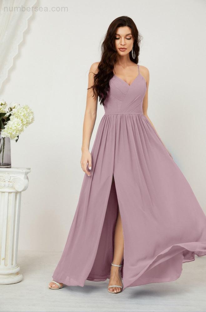Baoleely  Neck Bridesmaid Dresses Chiffon Long Spaghetti A-line Formal Prom Gown for Wedding Party Evening 2801