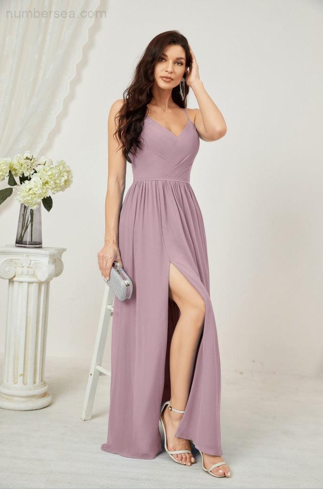 Baoleely  Neck Bridesmaid Dresses Chiffon Long Spaghetti A-line Formal Prom Gown for Wedding Party Evening 2801