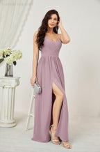 Baoleely  Neck Bridesmaid Dresses Chiffon Long Spaghetti A-line Formal Prom Gown for Wedding Party Evening 2801