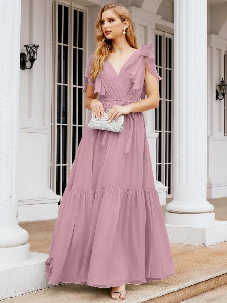 Numbersea Women's Open Back Formal Evening Party Prom Gowns V-Neck Long Chiffon Bridesmaid Dresses with Waist Belt 28038