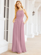 Numbersea Halter Bridesmaid Dresses with Pockets Sleeveless Formal Evening Party Prom Gowns  28055
