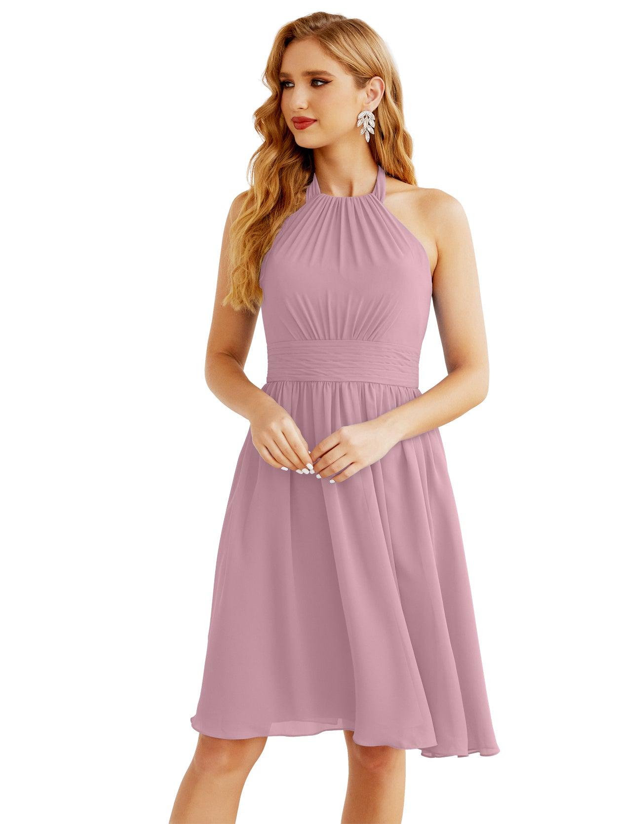 Baoleely Halter Chiffon Bridesmaid Dresses Short Sleeveless Formal Party Dress Open Back 28023
