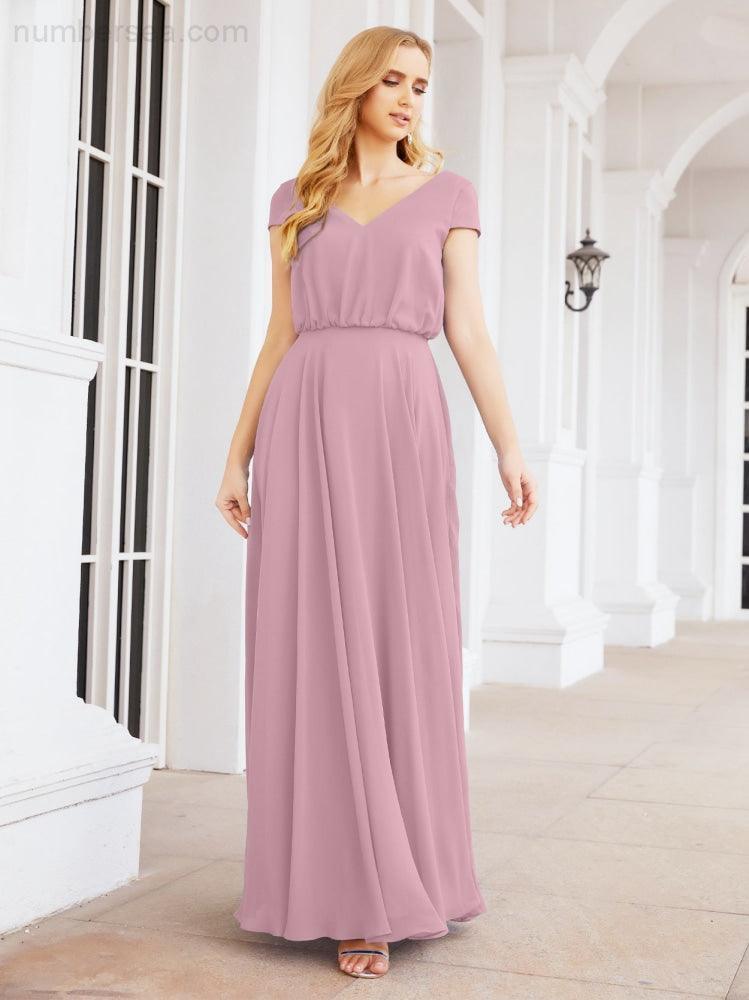 Numbersea V-Neck Bridesmaid Dresses Long Cap Sleeves Prom Evening Formal Gowns 28071