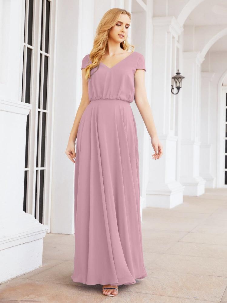 Numbersea V-Neck Bridesmaid Dresses Long Cap Sleeves Prom Evening Formal Gowns 28071