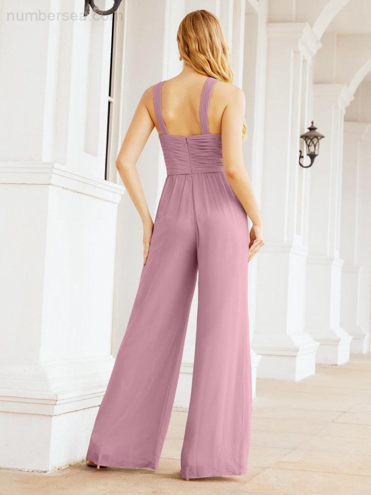 Numbersea Crisscross Neck Jumpsuit Formal Evening Dress Long Bridesmaid Dresses Bell-bottomed Pants 28033