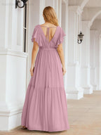 Numbersea Women's Open Back Formal Evening Party Prom Gowns V-Neck Long Chiffon Bridesmaid Dresses with Waist Belt 28038