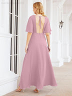 Numbersea V-Neck Bridesmaid Dress Chiffon Long Open Back Formal Dresses for Women Party Evening 28067
