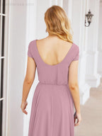Numbersea V-Neck Bridesmaid Dresses Long Cap Sleeves Prom Evening Formal Gowns 28071
