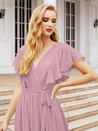 Numbersea Women's Open Back Formal Evening Party Prom Gowns V-Neck Long Chiffon Bridesmaid Dresses with Waist Belt 28038