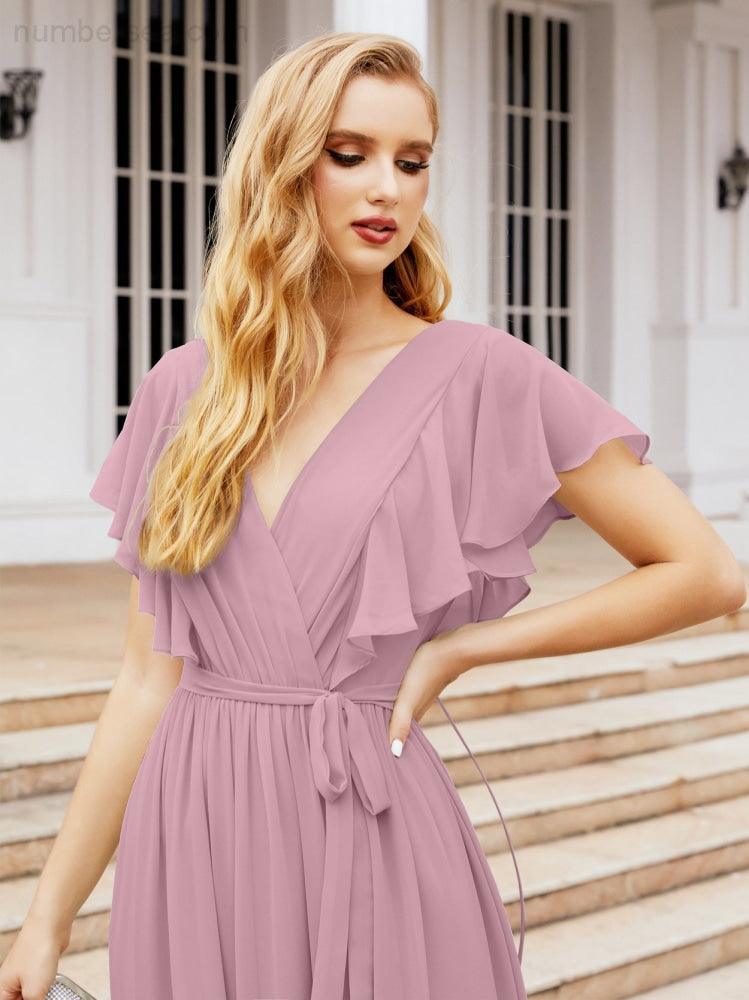 Numbersea Women's Open Back Formal Evening Party Prom Gowns V-Neck Long Chiffon Bridesmaid Dresses with Waist Belt 28038