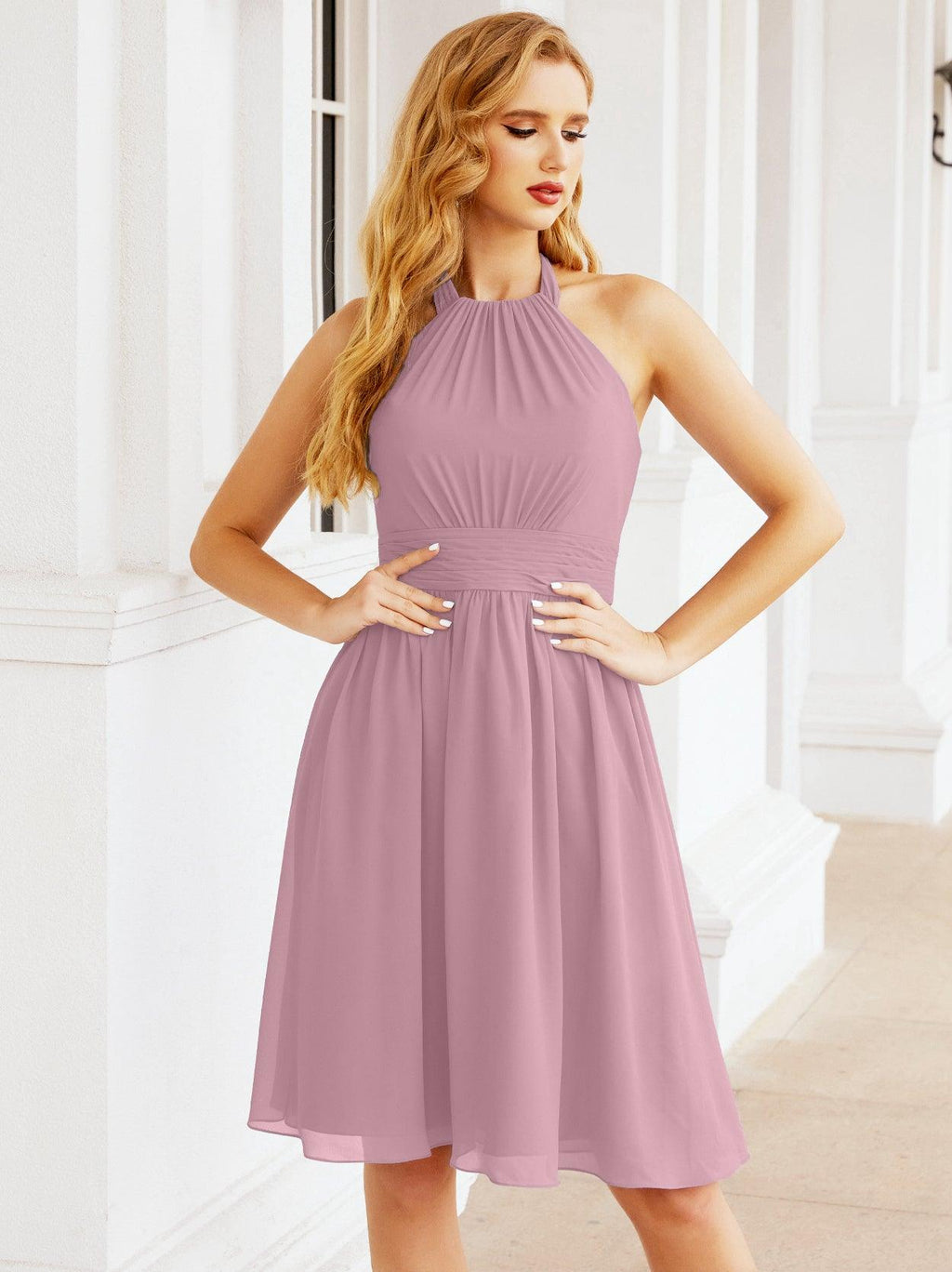 Baoleely Halter Chiffon Bridesmaid Dresses Short Sleeveless Formal Party Dress Open Back 28023