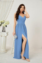Baoleely  Neck Bridesmaid Dresses Chiffon Long Spaghetti A-line Formal Prom Gown for Wedding Party Evening 2801