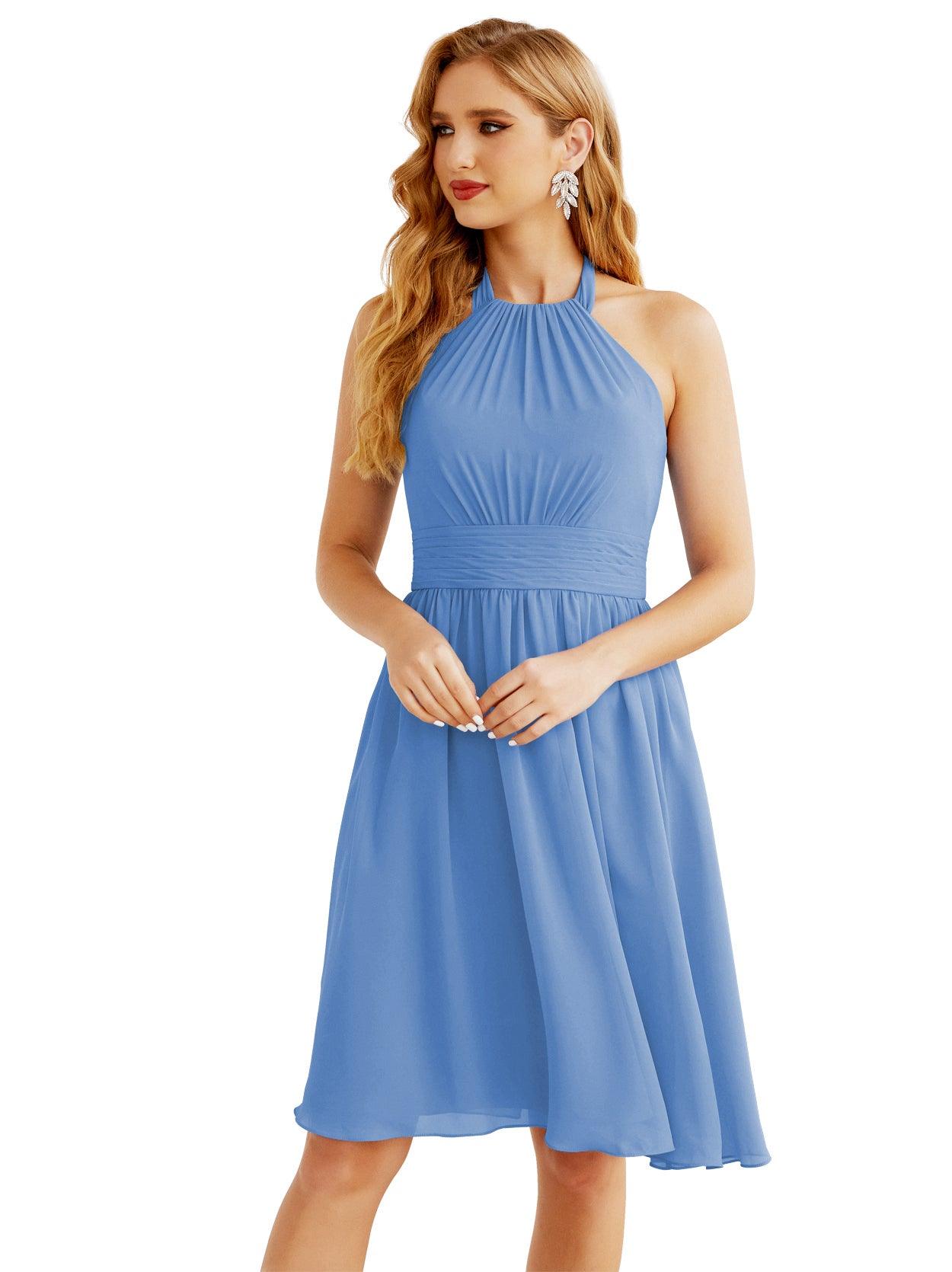 Baoleely Halter Chiffon Bridesmaid Dresses Short Sleeveless Formal Party Dress Open Back 28023