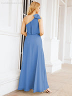 Numbersea Chiffon Ruffled One Shoulder Sleeveless Long Bride Dresses A-line Formal Evening Gown Side Split 28057