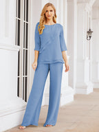 Sunnderly Elegant 2 Piece Mother of The Bride Dress Plus Size Pant Suits Ruffle Layers Sliver Housecoat SY28064
