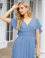 Numbersea Chiffon Bridesmaid Dresses Long Formal Evening Prom Mother of The Bride Dress with Flutter Sleeve     SEA28040