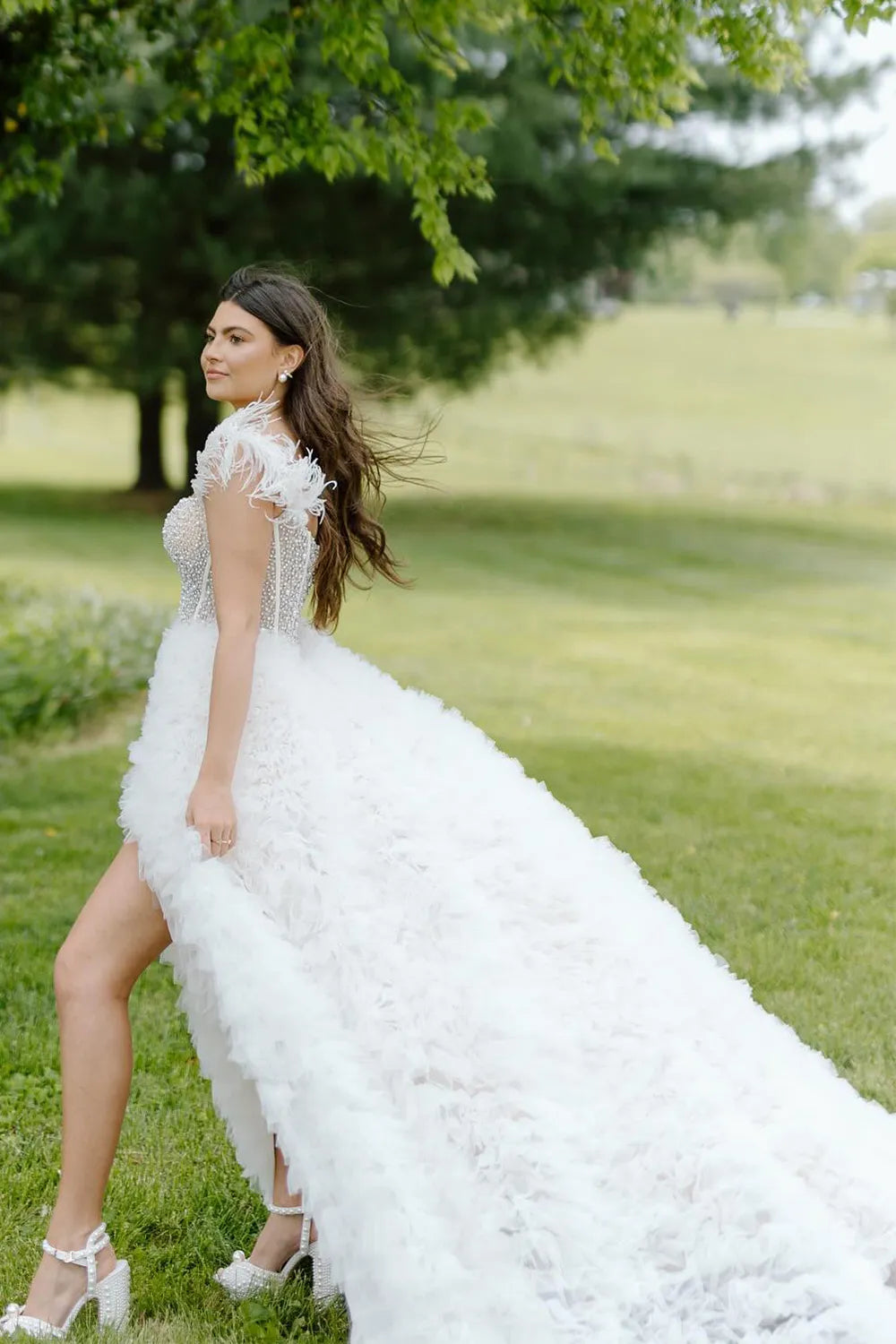 Off the Shoulder Tulle Tiered A-Line Long Corset Prom Dress with Beading