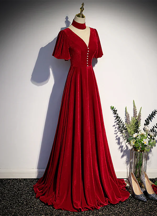 A-Line High Neckline Velvet Long Party Dress Short Sleeves Velvet Prom Dress