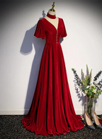 A-Line High Neckline Velvet Long Party Dress Short Sleeves Velvet Prom Dress