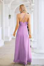 Ladies Chiffon Spaghetti Strap V Neck Front Slit Floor Length Bridesmaid Evening Dress Prom Party Wedding Evening Dress 28116
