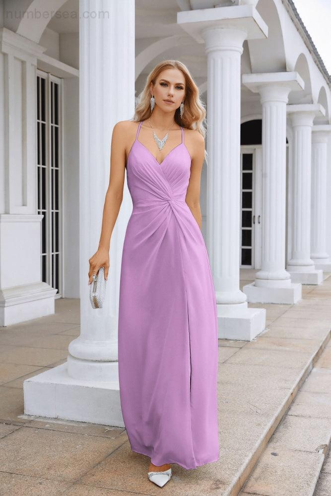 Ladies Chiffon Spaghetti Strap V Neck Front Slit Floor Length Bridesmaid Evening Dress Prom Party Wedding Evening Dress 28116