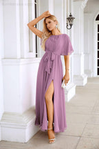 Ladies Chiffon Sleeve Crew Neck Front Slit Floor Length Bridesmaid Evening Dress Wedding Party Evening Dress 28124