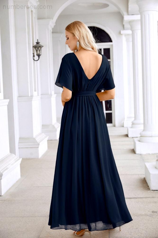 Ladies Chiffon Sleeve Crew Neck Front Slit Floor Length Bridesmaid Evening Dress Wedding Party Evening Dress 28124