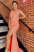 Mermaid One Shoulder Orange Sequins Long Prom Dress with Split Front