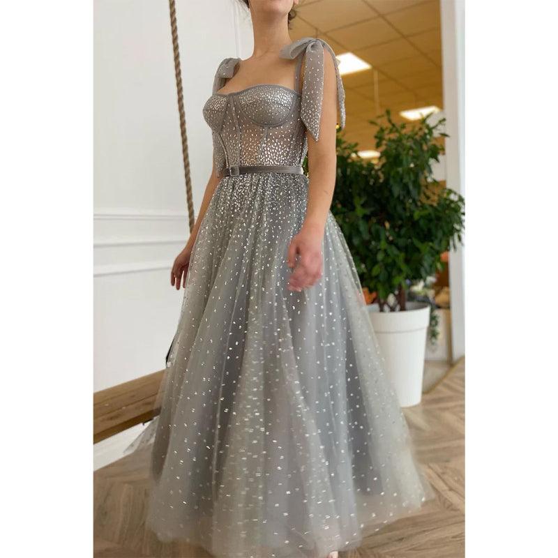 Sweetheart Silver Tulle Sparkly Formal Dress