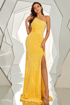 Mermaid One Shoulder Blush Sequined Prom Dress