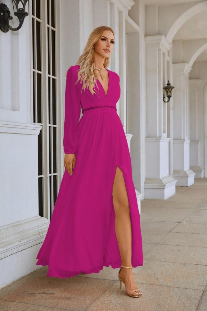 Ladies V Neck Chiffon Long Sleeve Front Slit Bridesmaid Evening Dress Wedding Party Shopping Evening Dress 28109
