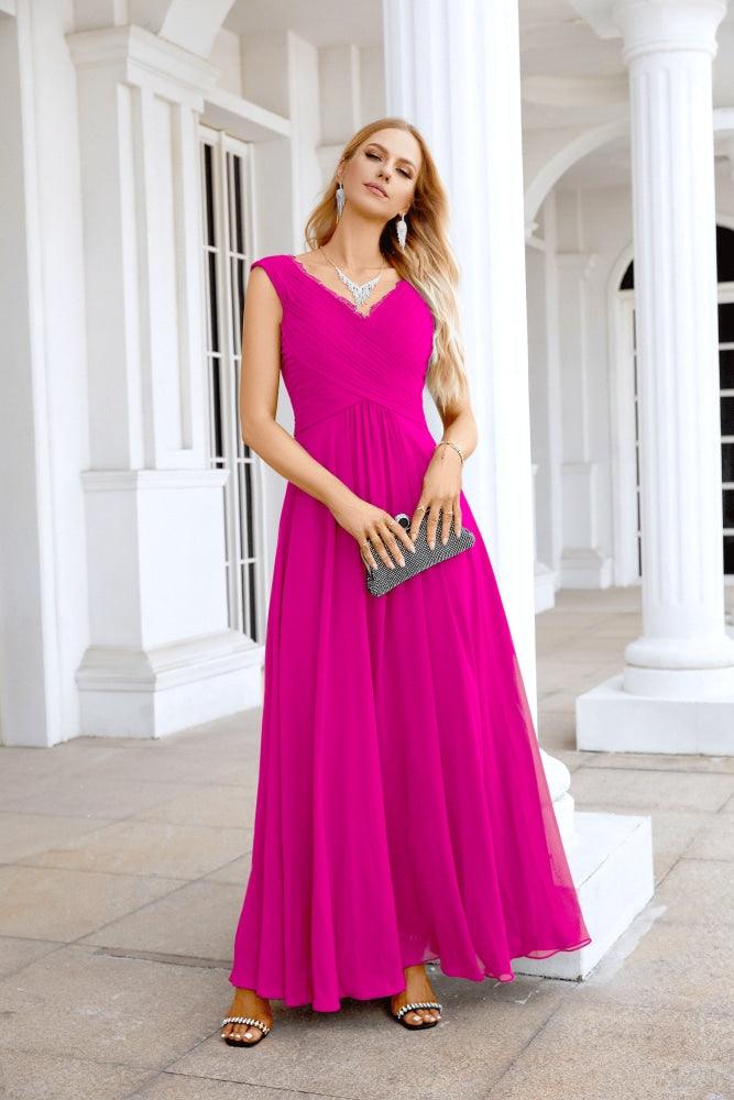 Ladies Chiffon V Neck Sleeveless Floor Length Bridesmaid Evening Dress Wedding Party Evening Dress 28126