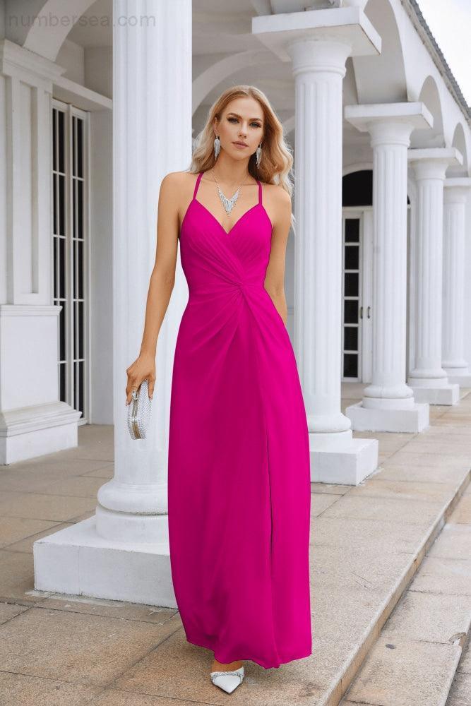 Ladies Chiffon Spaghetti Strap V Neck Front Slit Floor Length Bridesmaid Evening Dress Prom Party Wedding Evening Dress 28116