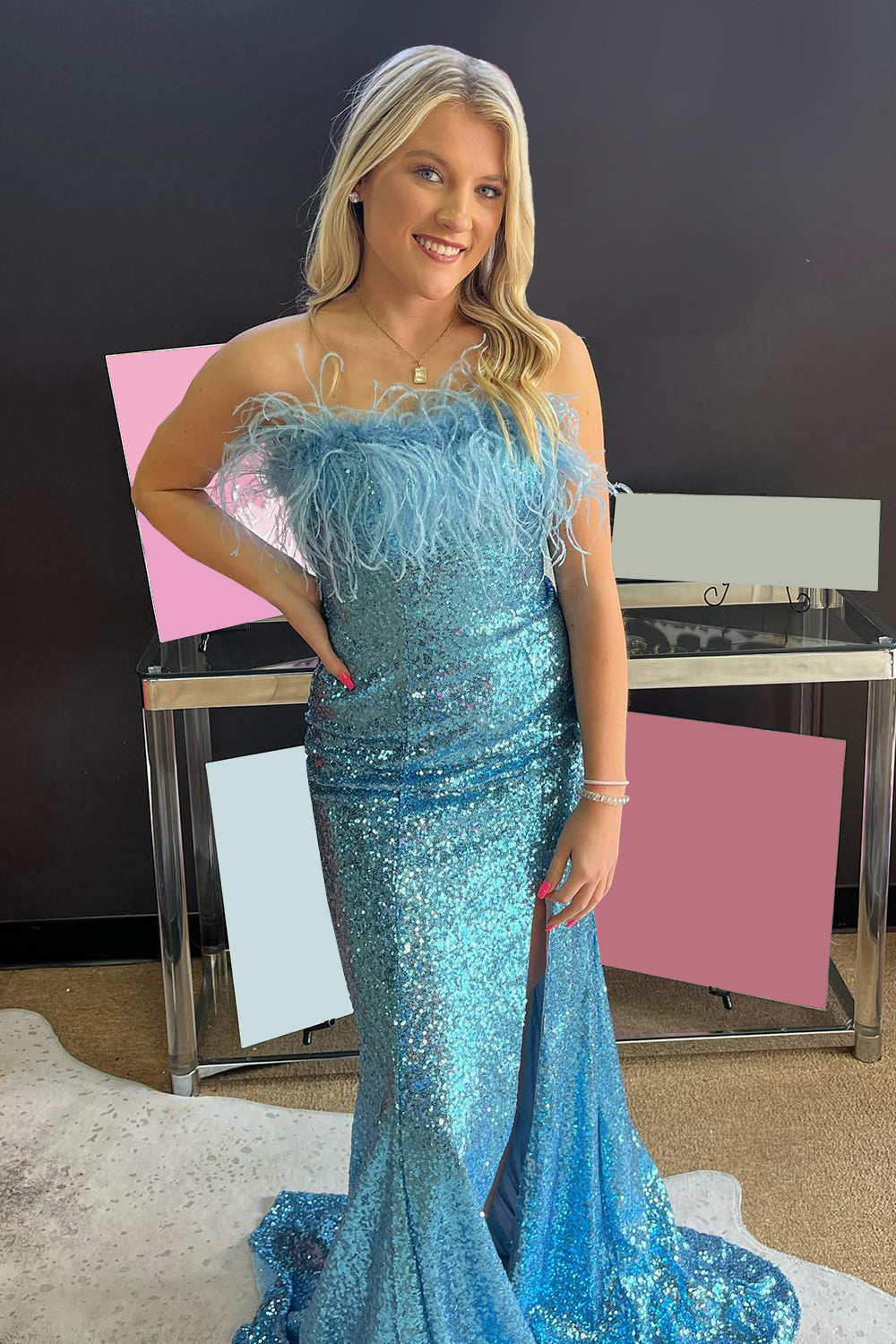 Mermaid Strapless Light Blue Sequins Long Prom Dress with Feathers