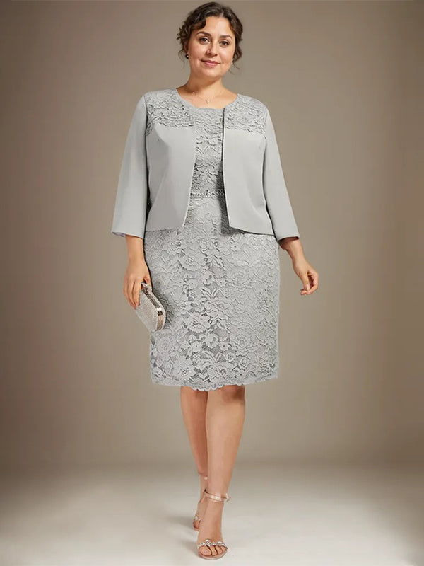 Sheath/Column Scoop Knee-Length Chiffon Lace Mother of the Bride Dress With Beading
