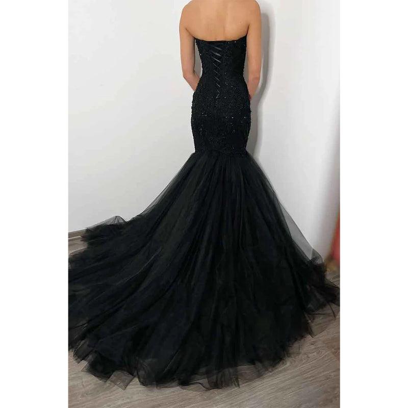 Sexy Deep V Neck Beads Black Mermaid Formal Party Dress with Train