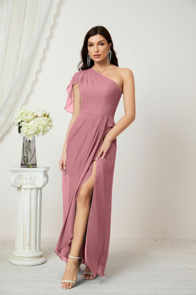 Numbersea  Chiffon Ruffled One Shoulder Long Bridesmaid Dresses A-line Formal Evening Gown Side Split 2809