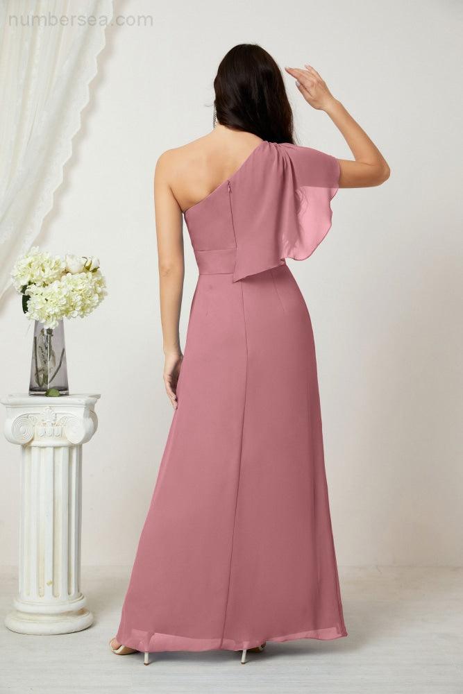Numbersea  Chiffon Ruffled One Shoulder Long Bridesmaid Dresses A-line Formal Evening Gown Side Split 2809