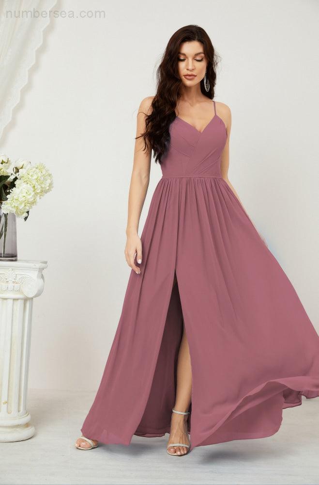 Baoleely  Neck Bridesmaid Dresses Chiffon Long Spaghetti A-line Formal Prom Gown for Wedding Party Evening 2801