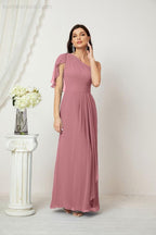 Numbersea  Chiffon Ruffled One Shoulder Long Bridesmaid Dresses A-line Formal Evening Gown Side Split 2809