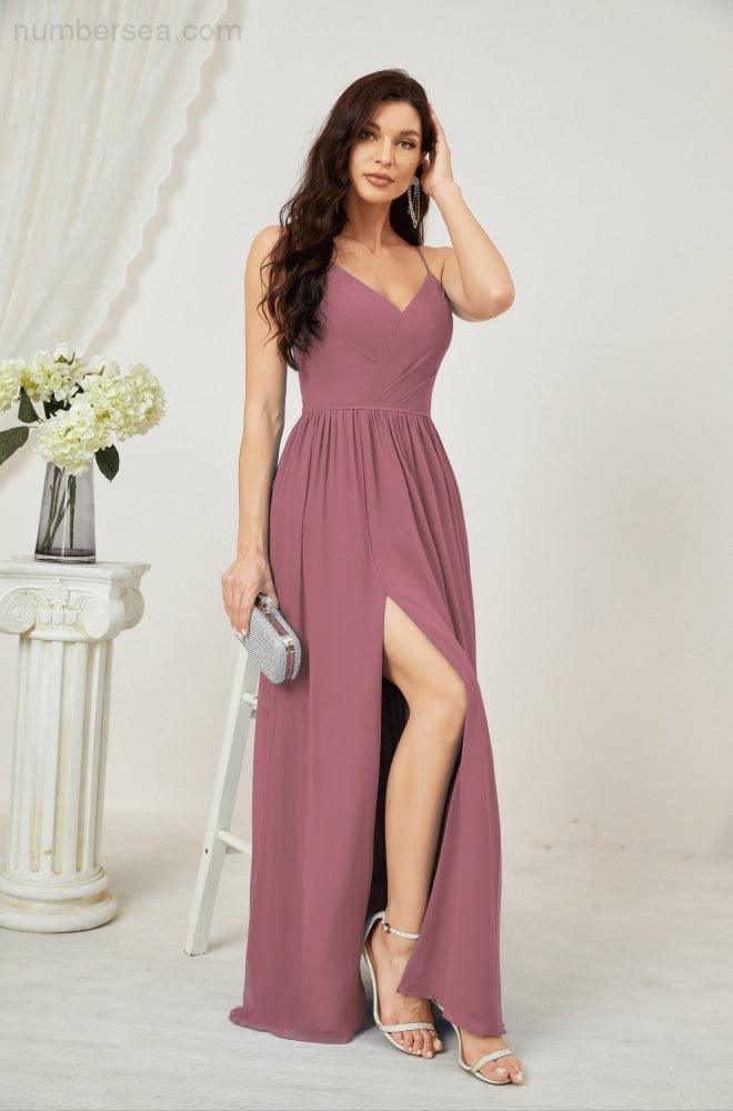 Baoleely  Neck Bridesmaid Dresses Chiffon Long Spaghetti A-line Formal Prom Gown for Wedding Party Evening 2801
