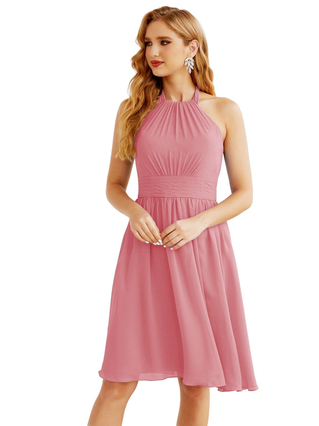 Baoleely Halter Chiffon Bridesmaid Dresses Short Sleeveless Formal Party Dress Open Back 28023