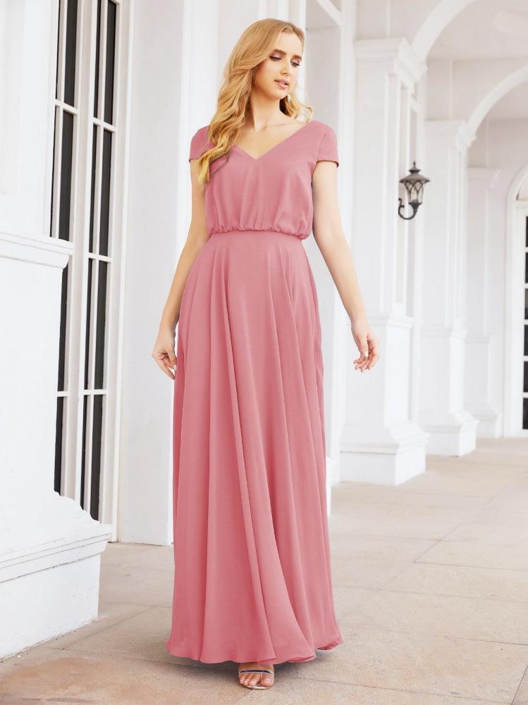 Numbersea V-Neck Bridesmaid Dresses Long Cap Sleeves Prom Evening Formal Gowns 28071